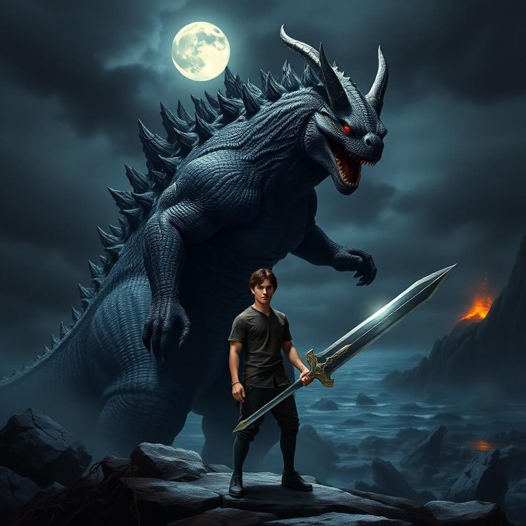 A large, dark gray, reptilian Godzilla with horns and glowing red eyes looms over a man standing on a rocky outcrop near a body of water. The Godzilla is a muscular, reptilian-looking bodybuilder with textured skin and sharp horns resembling a Komodo dragon. His expression is fearsome and aggressive. The man has fair skin and short, dark hair. He appears to be a young adult, wearing a dark brown, short-sleeved shirt and dark pants. He holds a large, shiny metal sword. The background is a dark, rocky landscape with ocean and volcanic activity in the distance. The sky is overcast and dark. The overall lighting is dramatic from moonlight