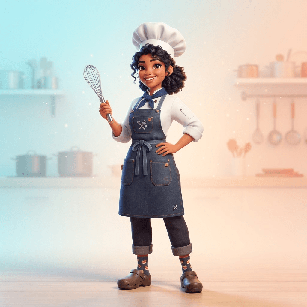 a stylized life sim game character dressed as a chef with apron and whisk, full body, clean soft gradient studio background, vibrant, crisp high detail, 3d cartoon render