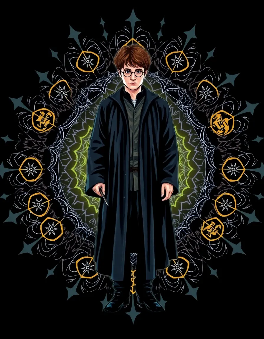 a vector png of harry potter in a radial composition with outward elements. 

harry potter stands at the central focus, wearing his iconic wizard robes, his wand in hand. radiating outward from his body are intricate patterns of swirling stars, mandalas, and glowing hogwarts crests.