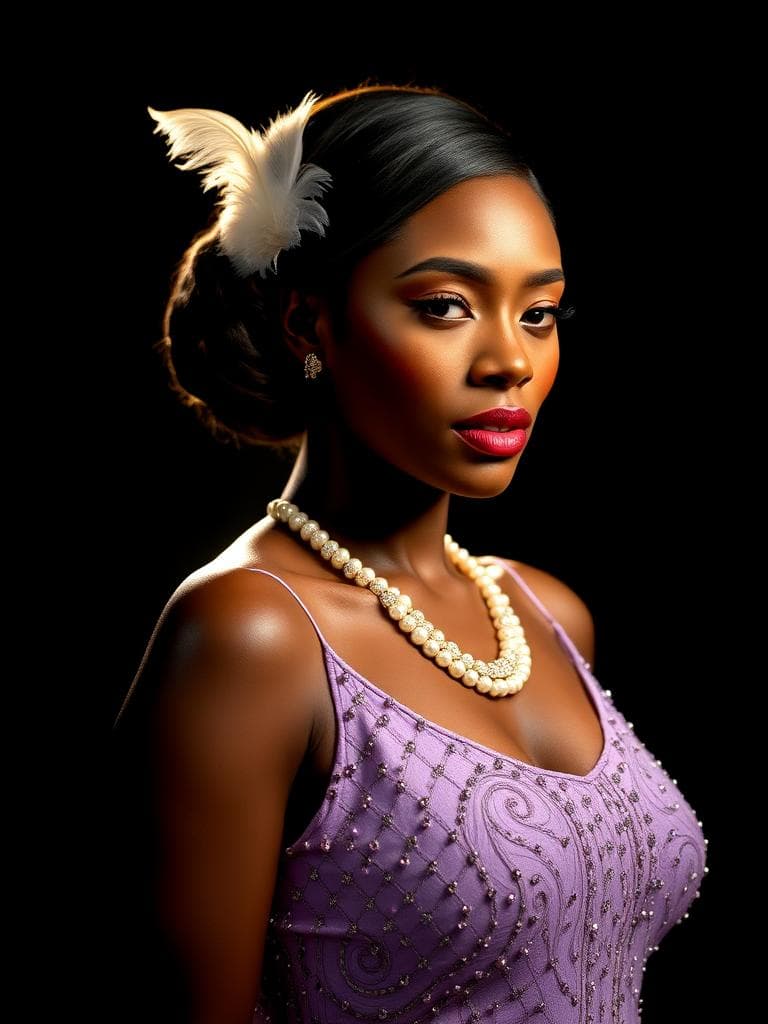 "Create a dramatic portrait of a stunning African American woman. She wears a light purple sequined dress with beads and shines with a diamond necklace and pearl earrings. Her hair is in a low bun with a feather and she has gold eyeshadow, red lips, and perfect brows. Place her off to the side, alone in a strong beam of light. The light is harsh and bright, with dark shadows all around her. The background is completely dark, so she's the only thing you see. The light shows every detail of her face and dress, making her stand out. She looks strong and mysterious, but also a little vulnerable. Make the image feel tense and dramatic, like a moment on stage."