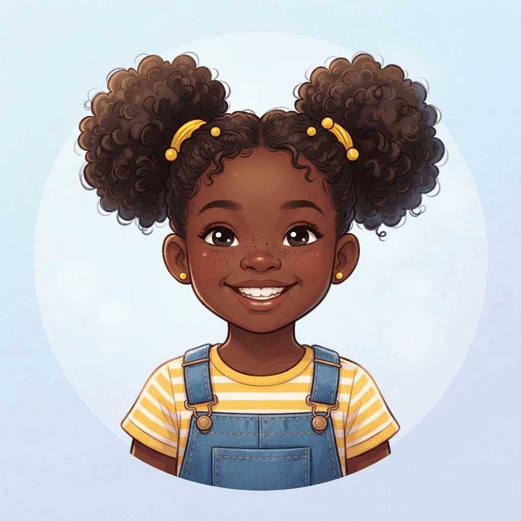Close-up head and shoulders portrait avatar of a playful original Black girl with two curly afro puffs and yellow hair ties, bright happy grin, denim overalls over striped tee, cute rounded cartoon style