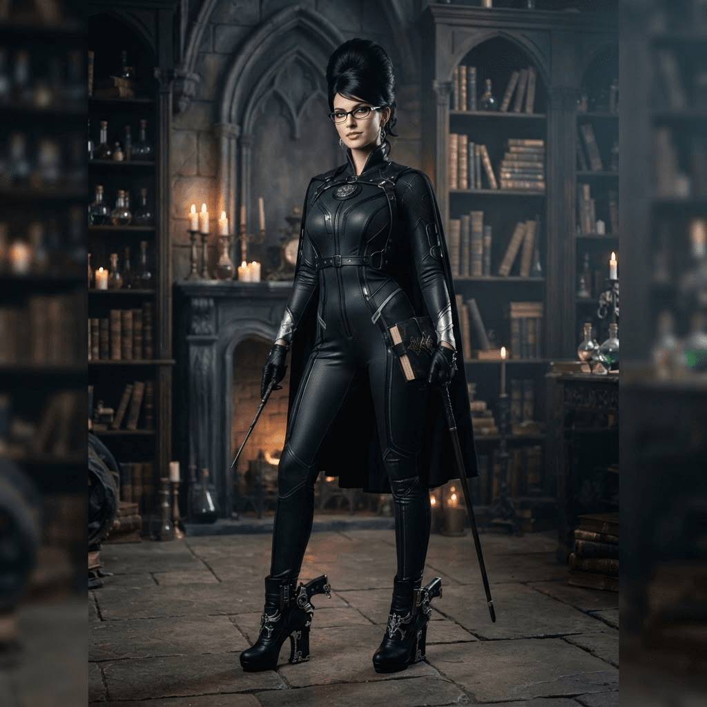 a tall witch in a skintight black bodysuit with glasses, a beehive updo and gun heels, cosplay reference, full body, standing portrait