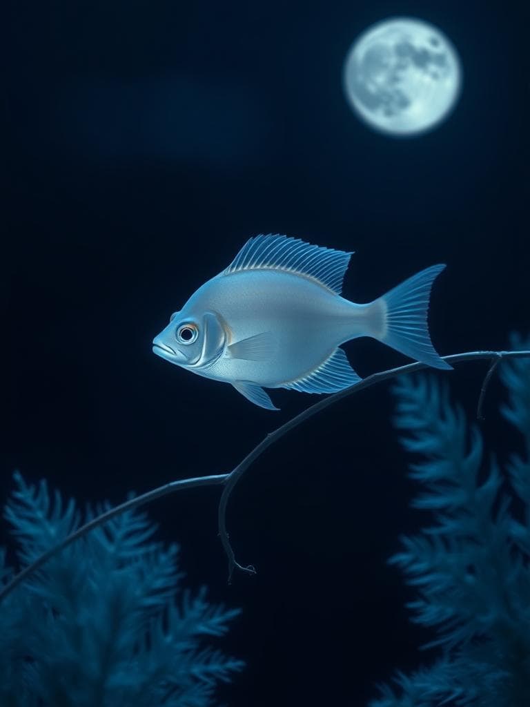 A lone, glowing fish from another world, illuminated by soft moonlight, casting a calm, bluish glow. The fish floats on a delicate, silvery vine, surrounded by gentle, feathery sea fans in shades of blue and indigo, with a subtle, darkened background that makes the fish's glow seem ethereal and mysterious. The overall effect is a serene, dreamlike image that showcases the fish's beauty in a quiet, enchanting way.