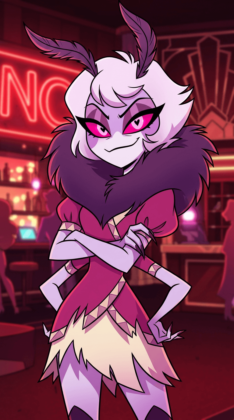 Original demon character in the Hazbin Hotel art style: a sassy moth demon girl with fluffy collar, four arms, heart-shaped pupils and a short pink dress, angular stylised cartoon shapes, red neon hotel lobby behind. Portrait framing from the waist up, face in the upper third of the frame, one character only. No text, no logo, no watermark.