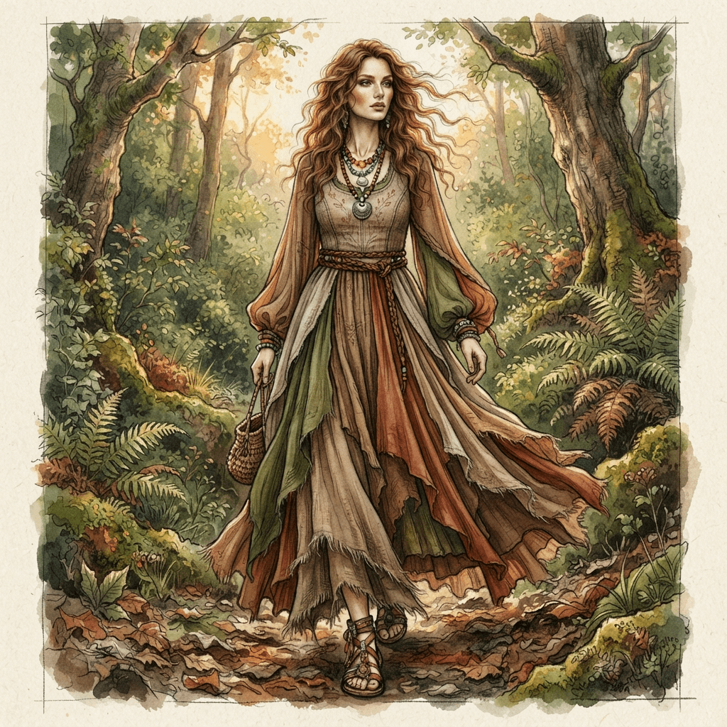 earthy style fashion, linen layers, clay and moss tones, natural fiber textures, full length gown look, fashion illustration, full body