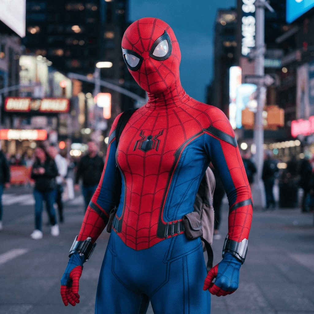 a hero in a red and blue web patterned bodysuit with large white lenses, cosplay portrait, waist up, detailed costume