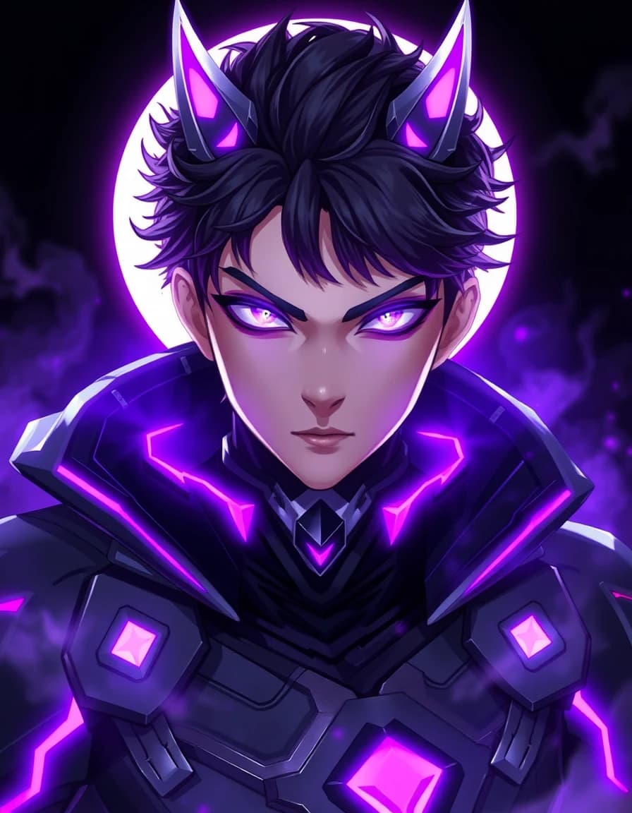 Epic digital anime avatar portrait of a master hunter named "AnaFong", class "Mago de las Sombras", character level 1. Highly detailed, looking forward, glowing bright purple eyes, sharp anime features, dark cyber-armor with intricate neon trims. Shrouded in a heavy "carmesí" mist aura. Highly polished anime key art style, solo leveling signature illustration, digital painting masterpiece, high contrast obsidian background.