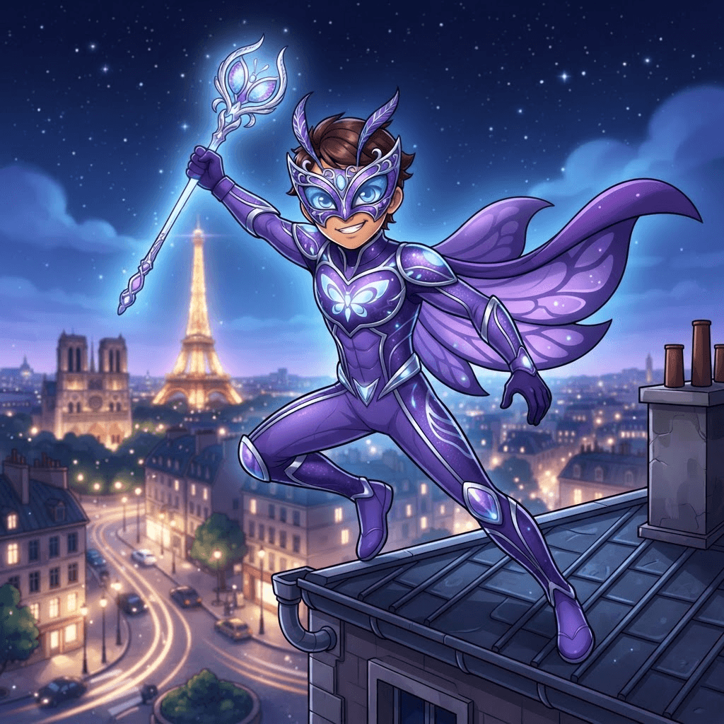 a 2d cartoon superhero boy original character in a purple and silver moth themed mask and suit with a staff, french animated series art style