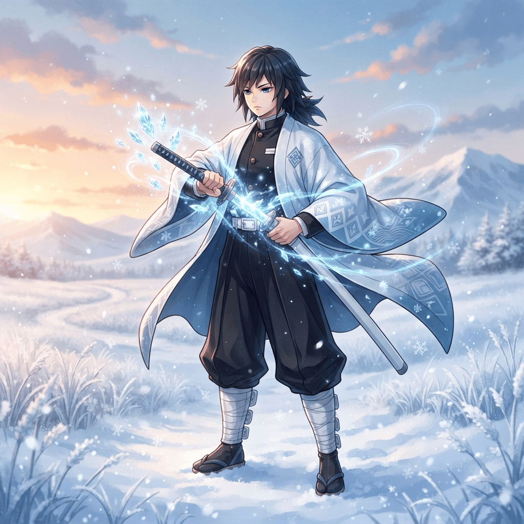 anime young swordsman in a dark uniform with a snow-white haori with pale blue crest pattern, glowing ice crystal effects around the katana, calm stance, snowy field at dawn, full body