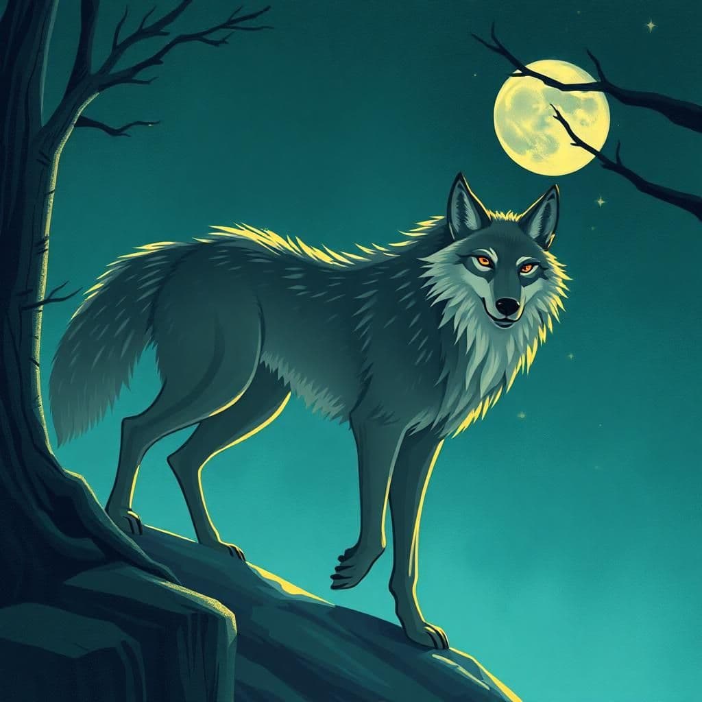 style animé grand loup très maigre et méchant en entier long museau