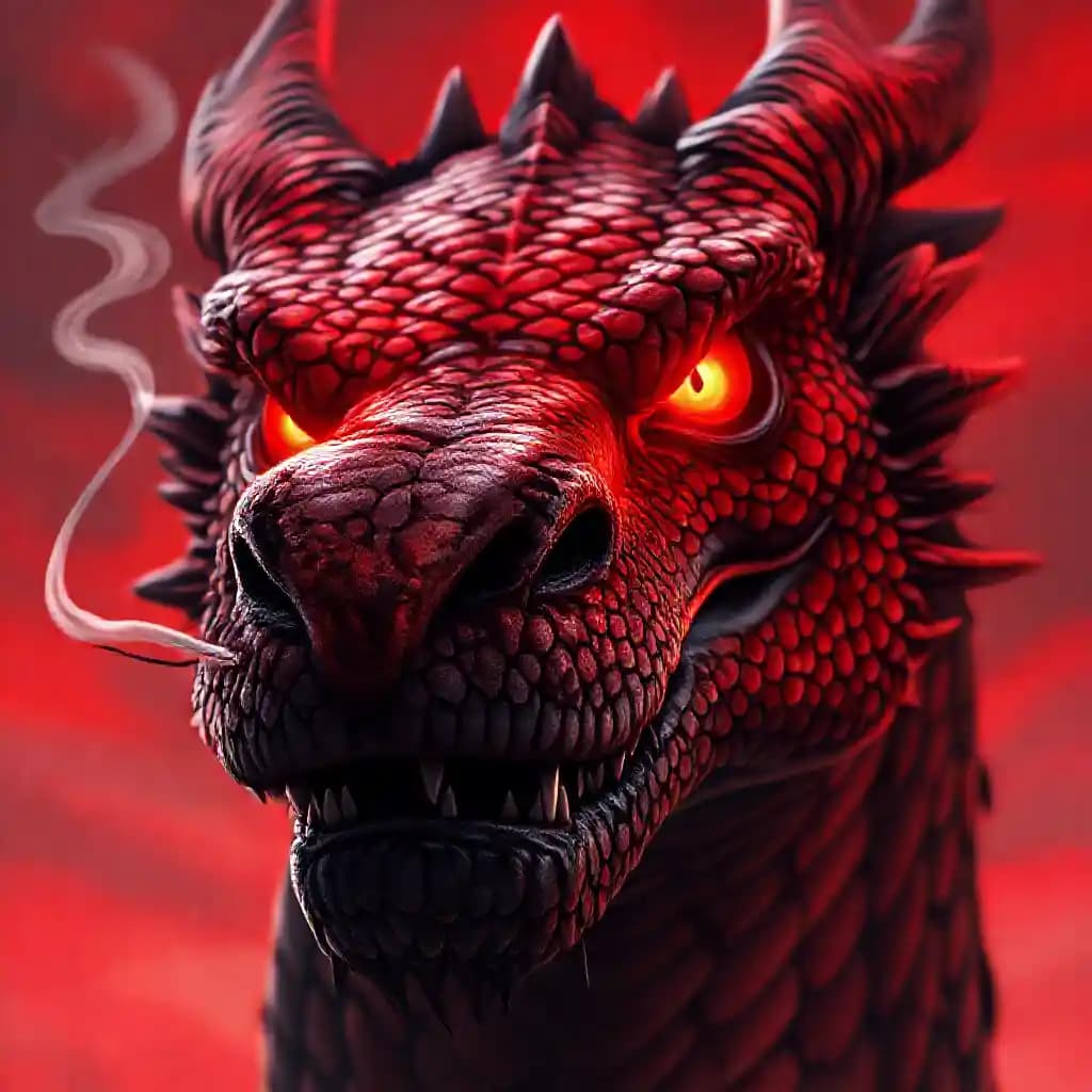  Illustrate a hyper-realistic close-up of a dragon’s face. The dragon’s scales, in intricate patterns of deep red and black, are illuminated by a subtle light, enhancing their texture and sheen. The dragon’s eyes, glowing an intense red, reflect ancient wisdom and fierce power. Its nostrils emit a fine wisp of smoke, hinting at the fire within. Sharp, menacing teeth are visible as its mouth is slightly open, and the detailed, scaly skin around the eyes and snout emphasizes its fearsome and majestic presence. The background is a blurred, dramatic red sky, keeping the focus on the dragon's imposing face.