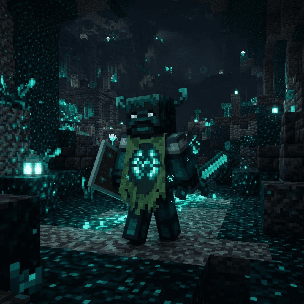 original Minecraft-style player character, blocky voxel body and square head, pixel-art skin, no text, no logos, crisp high detail, vibrant, game render look, a warden-inspired original character with teal glowing chest patterns and a mossy cloak, deep dark biome with sculk