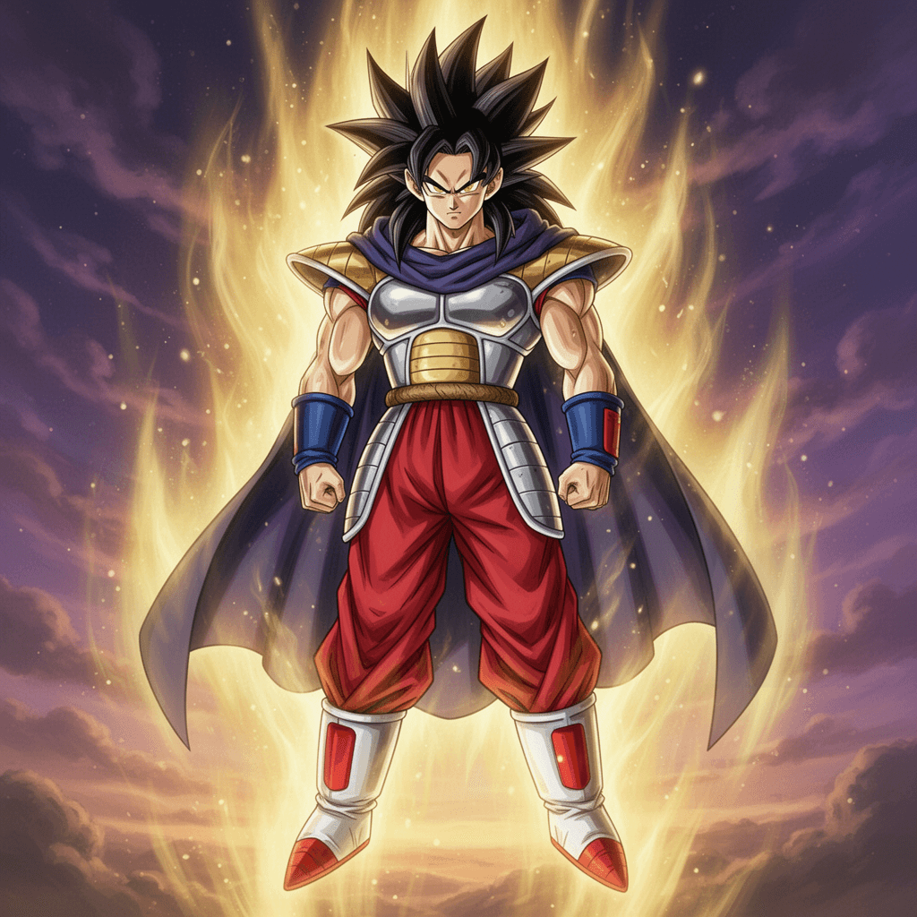 Male,Dragon Ball Z,tall,athletic,fair skin,golden eyes,spiky hair,long hair,black hair,wrist guard,arm cuff,hooded cloak, sliver armor,red pants,red and white Saiyan boots,Benji,LSSJ,stoic,confident,focused,LSSJ Aura,saiyan,super saiyan,legendary super saiyan,anime,manga,fighter,warrior,power,energy,aura