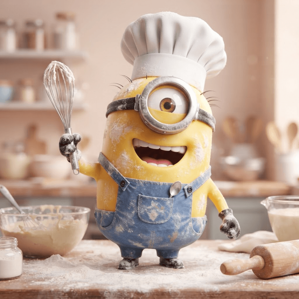 A Minion as a chef covered in flour, tall white chef hat, holding a whisk, one big goggle eye, laughing, glossy 3D animated movie character render, small chubby capsule-shaped bright banana-yellow cartoon henchman, round silver goggle strapped around the head, blue denim overalls with a front pocket, black gloves, a few sparse black hair strands on top, big expressive grin, soft studio lighting, clean pastel gradient background, crisp high detail