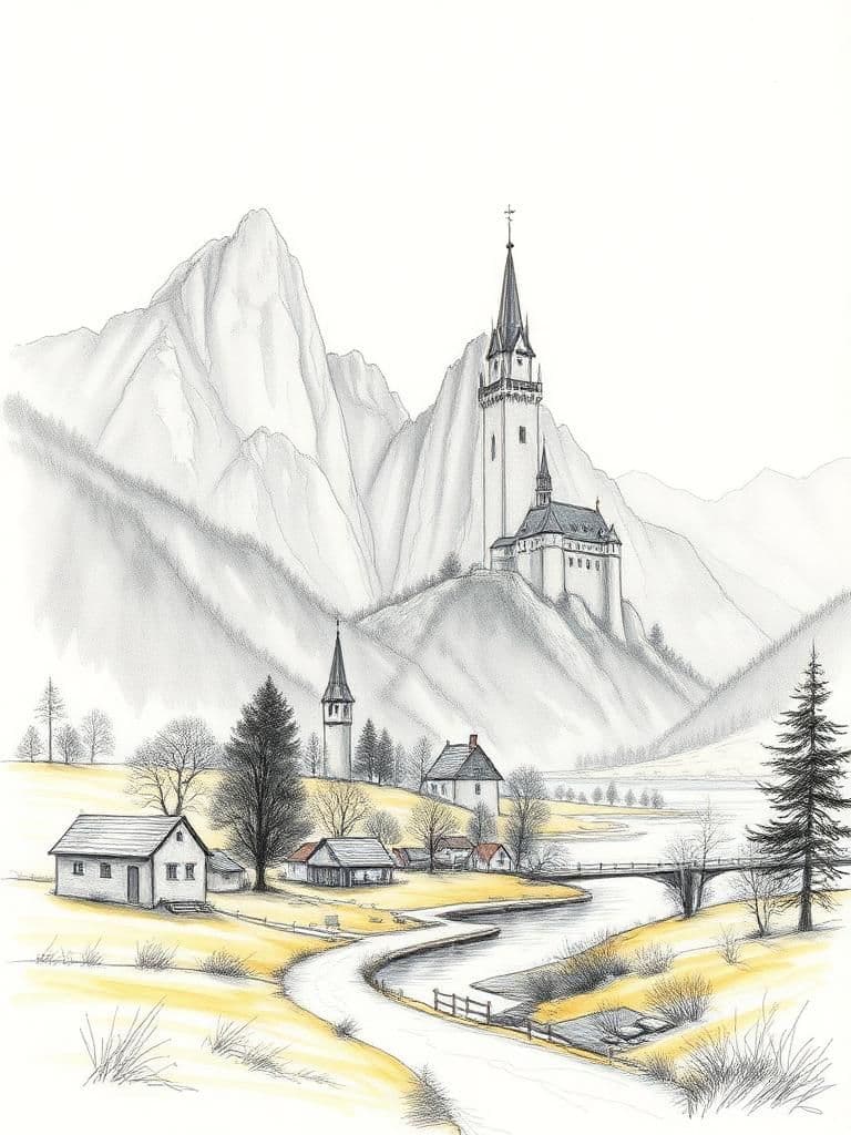 a simple village in czech style, far away, behind a river, with a colossal castle dramatically perched between two towering mountains on the right side, drawn with quick pencil lines and gentle watercolor touches, on rough paper.
