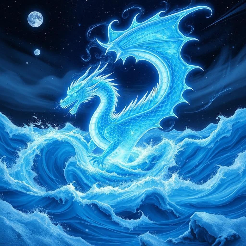 a luminescent dragon plunged into an abyss of swirling sapphire chaos, its crystalline scales blazing with iridescent auroras like a thousand frozen butterflies, as a mesmerizing anime voice echoed through the desolate expanse – soft, yet elegantly haunting – whispering ancient melodies that harmonized with the wailing tempests. frosty cerulean waves thrashed against a jet-black sky daubed with scattered streaks of ethereal stardust and shattered moonbeams. the tempests wailed like a chorus of banshees, warping the tundra into a haunting tapestry of shattered glaciers, ancient monoliths, and gnarled, skeletal trees. frigid gusts whipped through the desolate expanse like a thousand ghostly fingers. frostborn titans wept beneath the surface, their icy wails building a maelstrom that seemed to defy the very fabric of reality. time itself seemed to writhe like a tortured serpent in this dreamscape of glacial fury and beauty. 

in the foreground, the dragon's crystalline body rippled and distorted like a living shard of crystal, leaving behind a shimmering wake that congealed into glowing icicles that refracted the dying stardust above. each icicle shone like a crystalline nucleus, bathing the surrounding landscape in an otherworldly glow that seemed to sear the very soul.