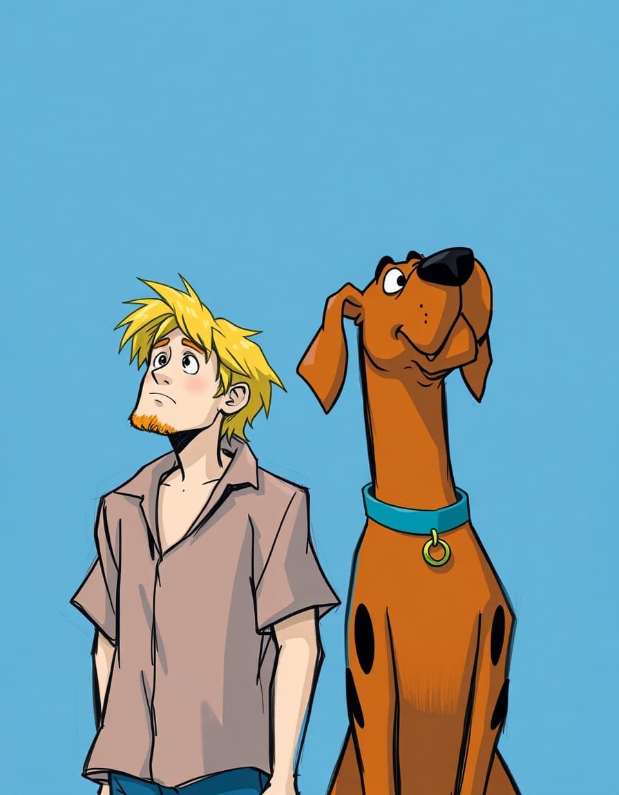 stylized digital illustration of a shaggy and scooby-doo standing side by side, both looking upward thoughtfully. the man has messy blond hair and light beard stubble, wearing a loose faded shirt. the dog is tall and expressive with a droopy muzzle and blue collar. composition places them near the bottom of the frame with large empty space above. the art style is painterly with sketch-like outlines, soft rough brush texture, visible brush strokes, matte colors, subtle lighting, gouache and pencil hybrid style, textured blue background, cinematic vertical framing, minimalist composition, concept art aesthetic. no glossy finish, no 3d rendering, no smooth airbrush, no plastic textures, no high contrast lighting, no photorealism, no comic-book style, no bold black outlines, no sharp edges, no hyper-saturated colors, no vector art, no clean digital paint, no anime style, no detailed background, no text or watermark