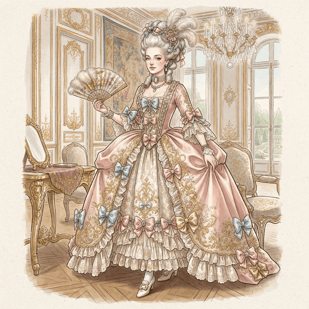 rococo fashion, pastel panniered gown, powdered wig, silk bows, gilded embroidery, styled with statement accessories, fashion illustration, full body
