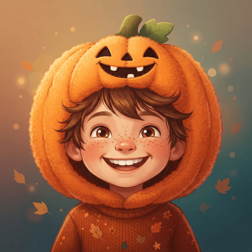 Close-up head and shoulders portrait avatar of a cheerful original cartoon kid in a plush jack-o-lantern pumpkin hood costume, happy grin, freckles, warm autumn leaves palette, cozy spooky-cute cartoon style