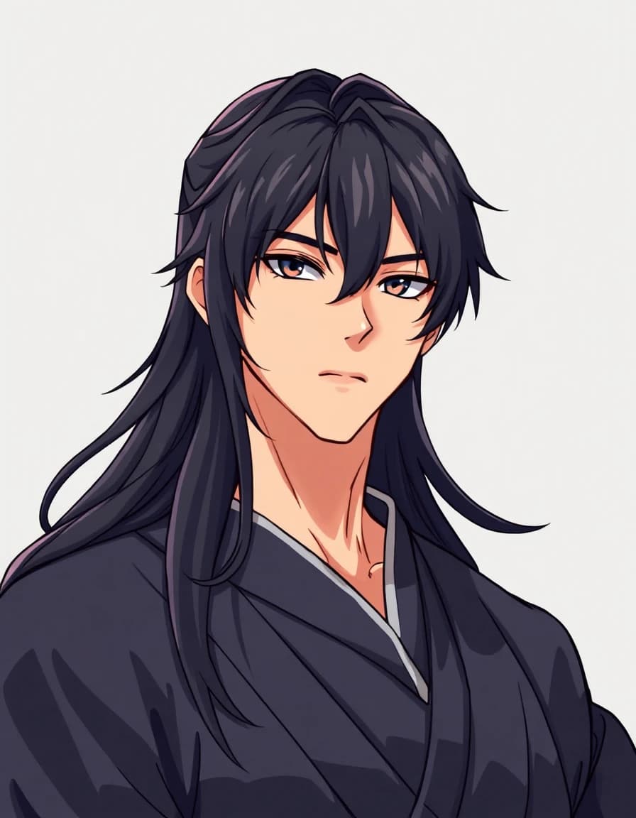 VTuber character portrait of masculine, a boy, Samurai, long black hair, clean anime VTuber model art, cel-shaded 2D illustration, crisp lineart, vivid colours, soft rim lighting, head and shoulders, facing forward, clean flat background