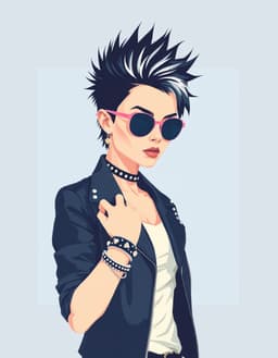 female punk rocker with spiked hair, leather jacket and studded bracelets stands prominently in flat vector style using pure geometric shapes, uniform color regions and crisp, mathematically consistent curves, with minimal abstract shadows as simple planes. high but controlled saturation, clean color hierarchies of pale blues, off‑white and silvery tones, smooth lines and flat colors create a terminal serenity mood with quiet, evenly lit atmosphere and subtle directional shading.