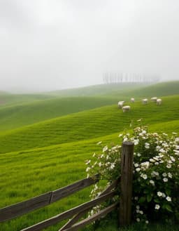 rolling green patchwork fields stretch across the landscape, each tier of vibrant grass gently undulating under a soft misty air; a distant tree-line of tall, slender trees marks the horizon, their crowns softened by morning fog. old wooden fences with weathered planks trace the boundaries of the fields, their rustic texture highlighted by dew. hills rise modestly, dotted with fluffy white sheep grazing peacefully among dewy floral shrubs that burst with tiny blossoms, their petals glistening with fresh droplets, creating a tranquil countryside scene full of calm, natural beauty.