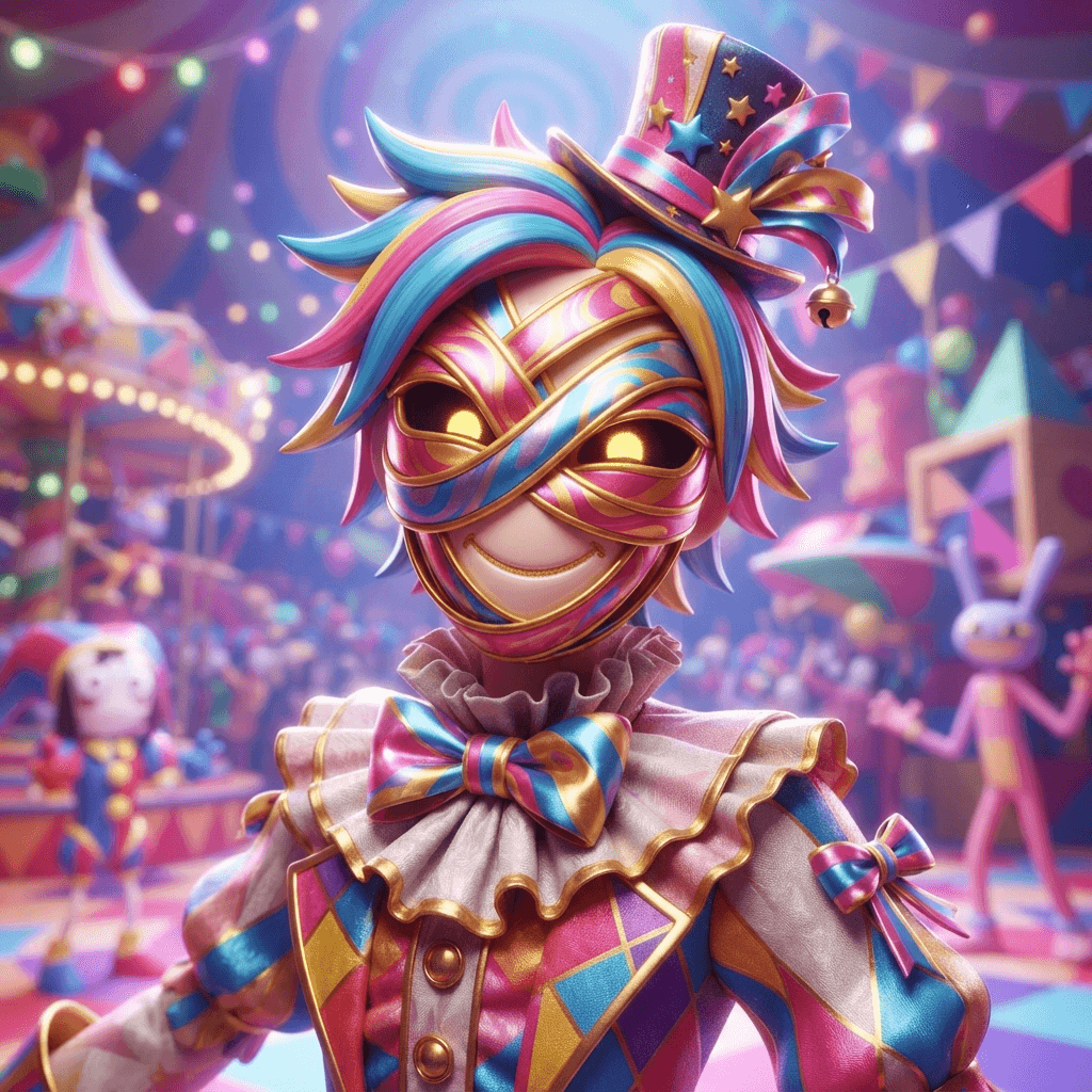 Ribbon masked character avatar bust, square profile picture crop, glossy 3D circus style, polished expressive 3D animation, bright colorful Amazing Digital Circus environment, no text, no logo, no watermark