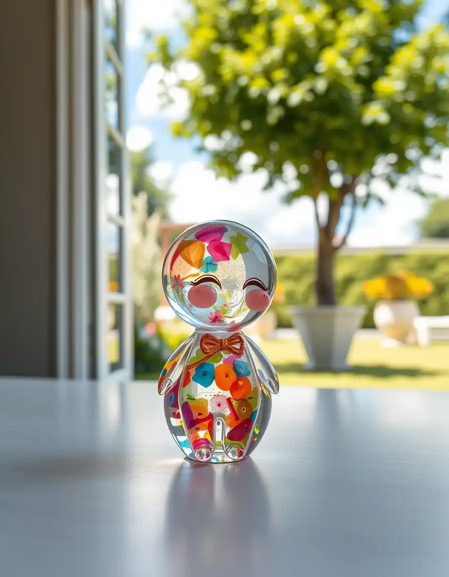 a delicate fusion of organic and geometric shapes, a complex suprematist subject, rendered as a whimsical crystal glass figurine, ultra rounded plump chibi style with smooth organic curves, glossy high-shine crystal clear material, vibrant colored clothing and accessories, detailed facial features, internal light refraction and colorful caustics, shiny specular highlights, set against a harmonious subject–environment context, with a blended style encompassing the free-flowing expressiveness of watercolour and the dynamic, interwoven patterns of monotype printmaking, where loose, wet brushstrokes and micro-splatters of transparent pigment interact with soft-edged zones of luminance, the selectively blurred edges shifting under subtle colour bleed, evoking organic growth and translucent membrane layers, the whole radiating a soft, dreamy pulse of ethereal light and luminous watercolour textures, captured in a fluid steadicam glide through three-dimensional space at human height, as if a floating camera threads through doorways, around corners, and across rooms, emphasizing spatial continuity, depth parallax between foreground architecture and distant space, and the gentle, breath-like rhythm of handheld stabilization, with background elements sliding past at varying speeds based on distance, creating an immersive, cinematic, and elegantly voyeuristic experience, on a white wood grain table in a sunny outdoor garden, bright natural sunlight, blurred blue sky with fluffy white clouds and lush green foliage background.