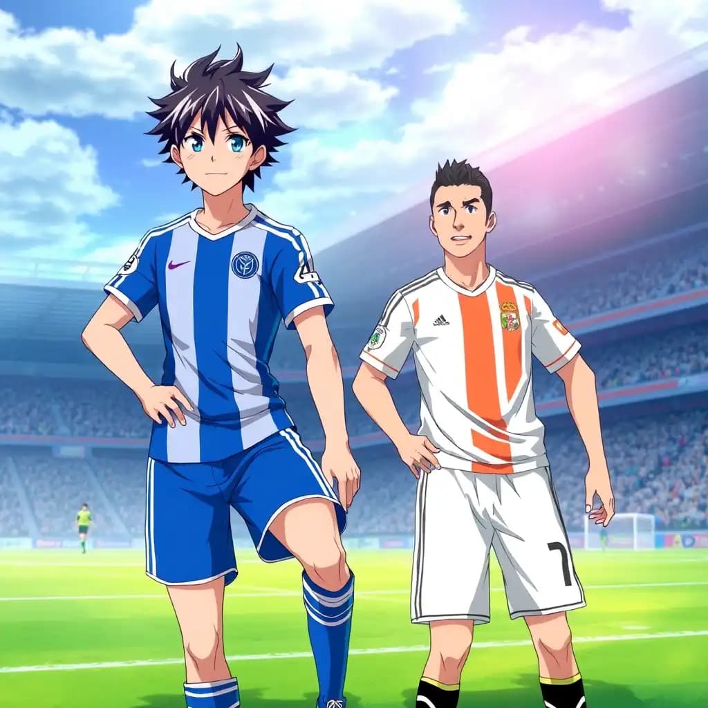Isagi Yoichi from the anime blue Lock with cristiano ronaldo next to him on a football pitch