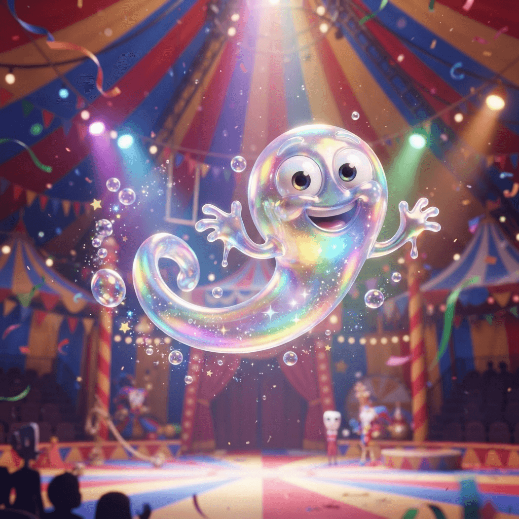 Bubble from The Amazing Digital Circus, small floating translucent bubble creature with big googly eyes and a wide friendly grin, dynamic playful action pose under the big top, glossy 3D circus style, polished expressive 3D animation, bright colorful Amazing Digital Circus environment, no text, no logo, no watermark