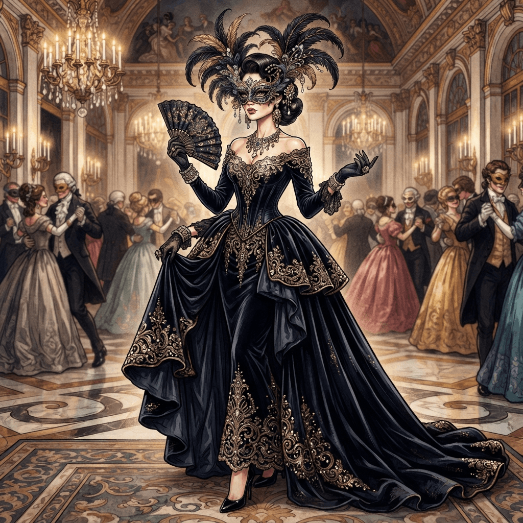 masquerade ball fashion, ornate feathered mask, dark velvet gown, gold filigree detail, styled with statement accessories, fashion illustration, full body