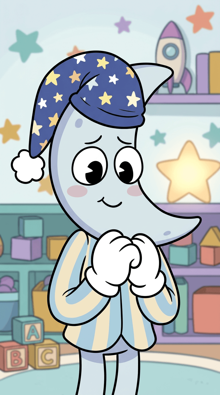 Original toon character in the art style of the Roblox game Dandy's World: a shy mascot toon shaped like a crescent moon with a nightcap, big round cartoon eyes, white gloves, flat pastel colours with thick clean outlines, rubber-hose cartoon look, starry playroom background. Portrait framing from the waist up, face in the upper third of the frame, one character only. No text, no logo, no watermark.