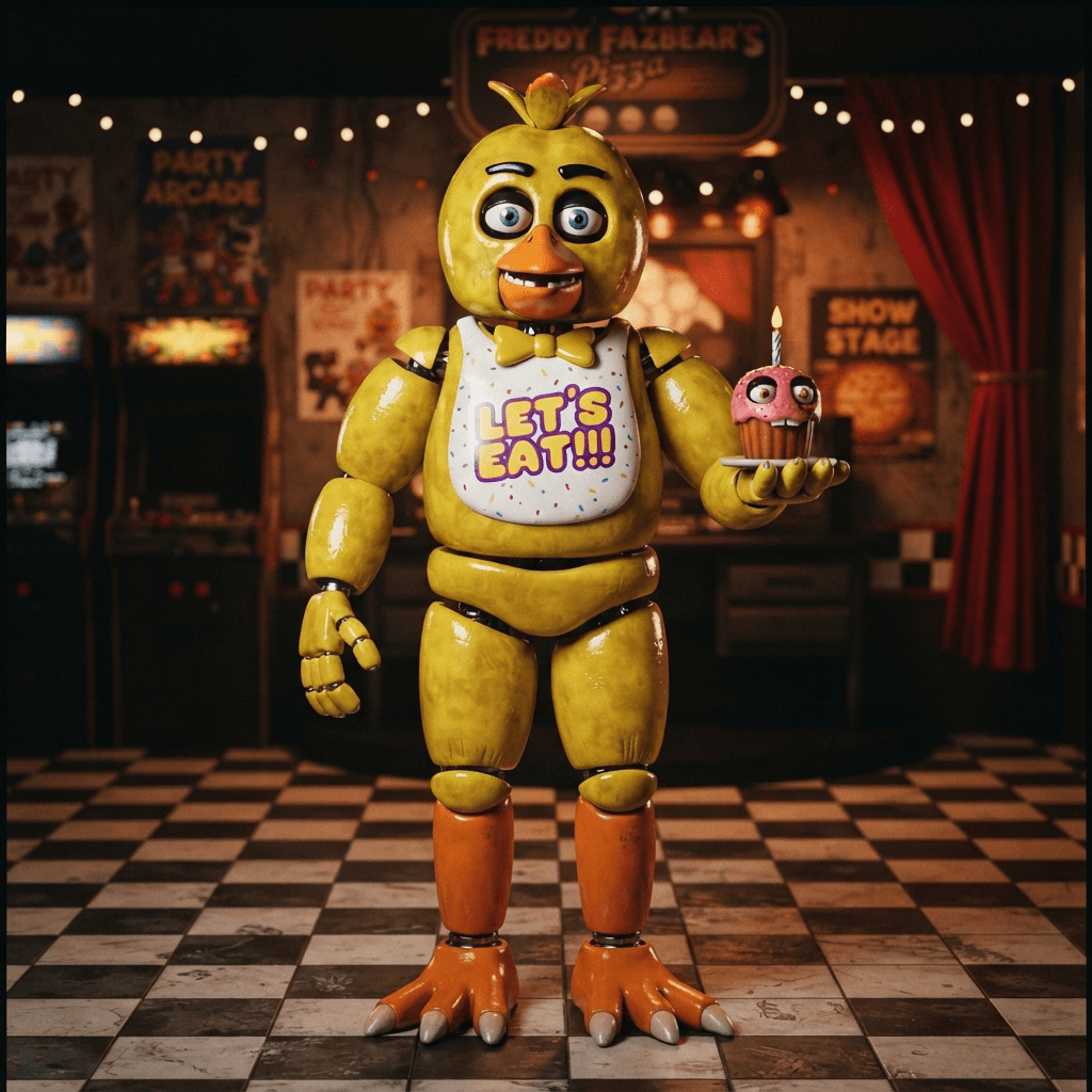 an animatronic chicken character in glossy yellow with a bib and a cupcake prop, cosplay reference, full body, standing portrait