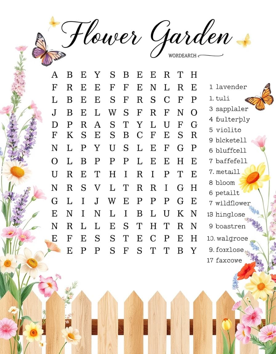 Cottagecore flower garden word search puzzle page for adults and teens, soft watercolor style, delicate pink and yellow flowers, butterflies, wooden picket fence at the bottom, large clear 15x15 or 18x18 word search grid in the center with black capital letters on white background, clean and easy to read, on the right side a numbered list of 20 real English words related to flowers and garden: lavender, daisy, rose, sunflower, tulip, poppy, violet, bluebell, daffodil, peony, marigold, butterfly, meadow, bloom, petal, garden, bouquet, wildflower, primrose, foxglove, cute elegant handwritten title at the top: "Flower Garden Word Search", pastel colors, whimsical relaxing design, high detail, soft lighting, borders with flowers and butterflies only, no text errors --ar 2:3 --stylize 150