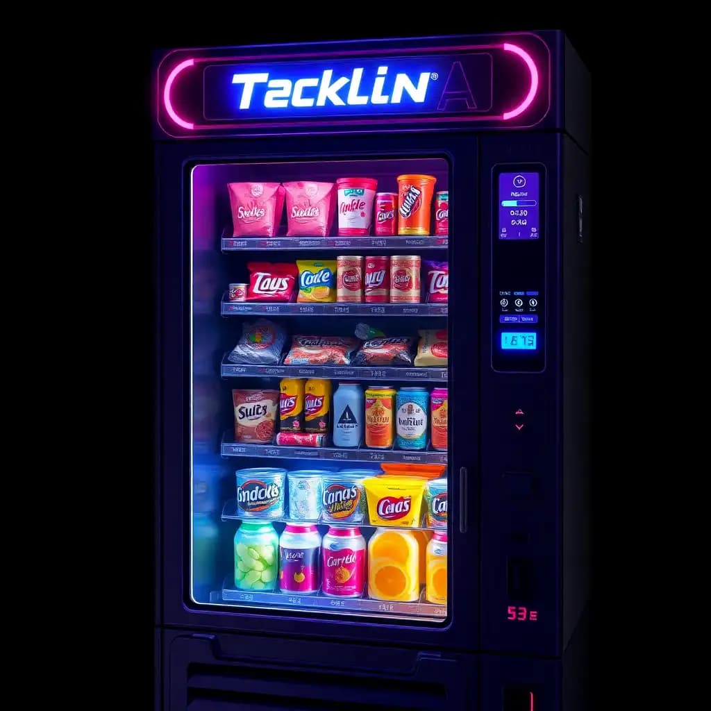 A cyberpunk-style vending machine that dispenses futuristic snacks and neon-lit beverages.