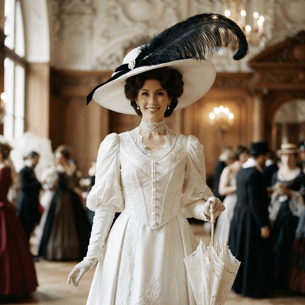 a very tall elegant woman in a white gown and a wide brim white hat with a black feather, cosplay portrait, waist up, detailed costume