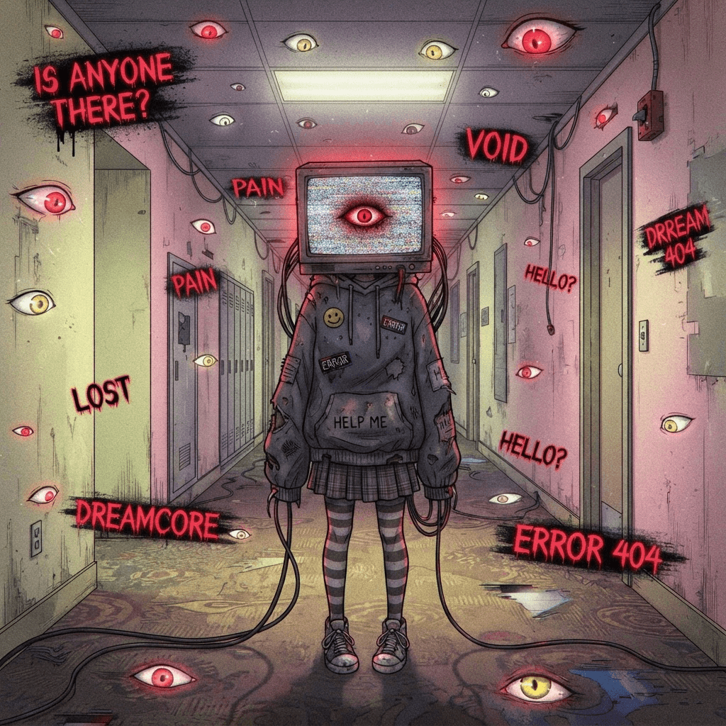 weirdcore OC, girl with CRT television head showing glitchy static and a glowing eye, endless pastel liminal hallway, floating eyes, distorted text, muted colors with neon red accents, dreamlike