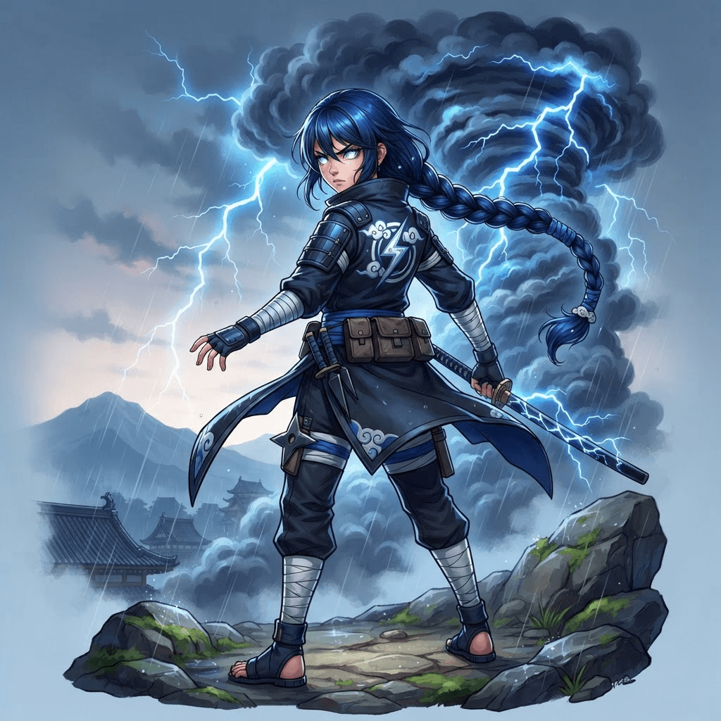original anime ninja girl with mirror-silver eyes, long braid, storm clouds gathering behind her from a weather bloodline, clan symbol on the back of her jacket, shonen ninja anime style, clean soft gradient studio background, vibrant, crisp high detail, digital illustration