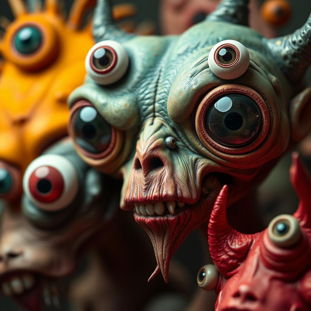 a high quality professional image of random grotesque surreal characters with eyeballs, grotesque surrealist style, artistic, surrealism, eyeballs, bizarre, unique, creative, strange, twisted, fantastic, abstract, detailed, colourful, imaginative, eccentric, unusual, strange, oniric, fantasy, fantasy, hallucinatory, distorted, supernatural, dreamy, avant-garde, conceptual, experimental, strange, peculiar, bizarre, artistically distorted, twisted, avant-garde surreal, creative composition, vivid colours, haunted, nightmarish, otherworldly, mysterious, enigmatic, peculiar, unusual, stimulating, eerie lighting, surreal essence, strange, unusual creatures, artistic vision, detailed characters, unique design, imaginative concept, oniric setting, visually striking, disturbing, visual metaphor, symbolic, bizarre characters, extraordinary artwork, dream-inspired, distorted features, elaborate details, surreal atmosphere, fantasy atmosphere, artistic expression, bizarre elements, imaginative world, fantastic beings, abstract forms, nightmarish atmosphere, conceptual art, artistic masterpiece, surreal interpretation, strange atmosphere, strange valley effect, strange creatures, bizarre scenario, symbolic imagery, artistic, fantastic creatures.