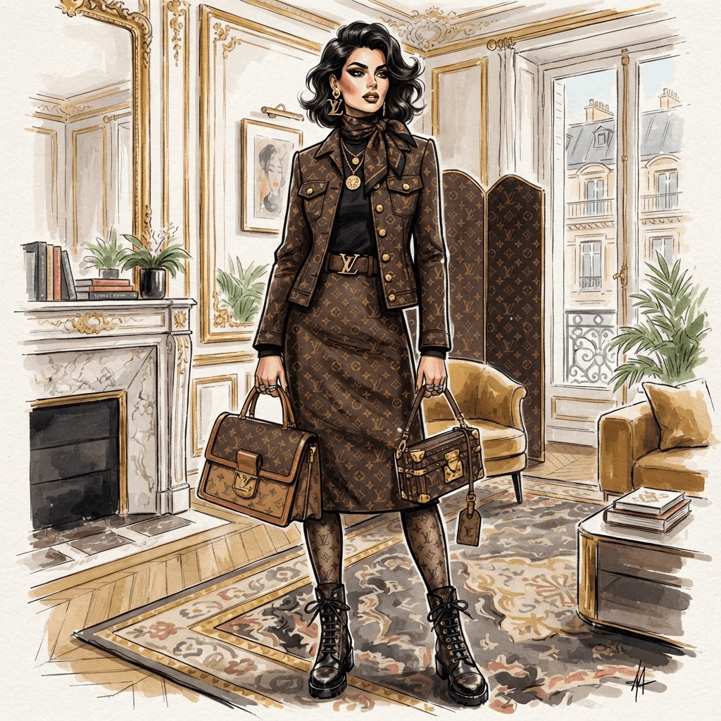 designer brand fashion, monogram logo styling, luxury fashion house aesthetic, styled with statement accessories, fashion illustration, full body
