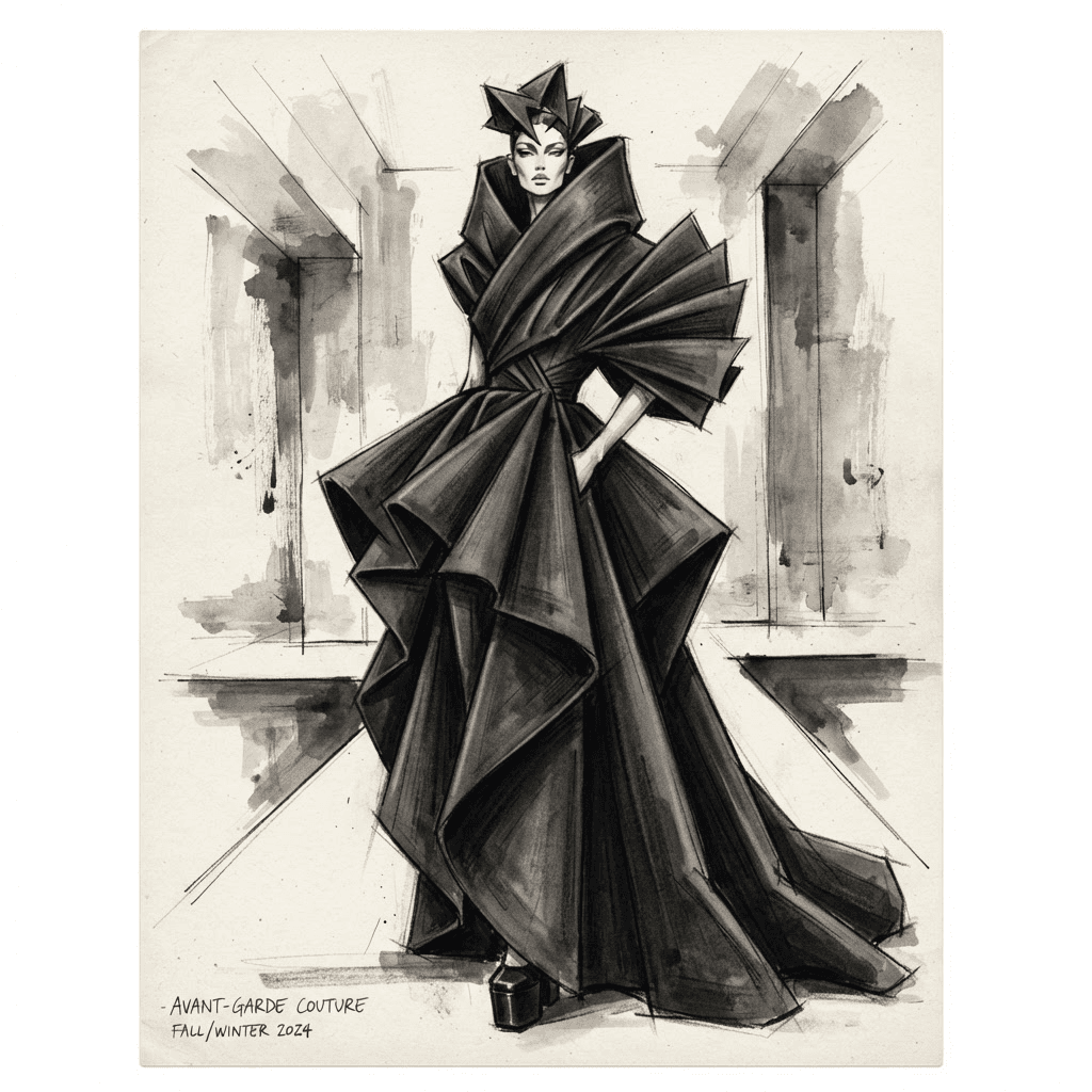 avant garde fashion, sculptural exaggerated silhouette, architectural folds, monochrome, conceptual couture, full length gown look, fashion illustration, full body
