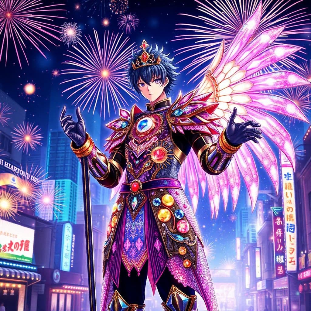 "envision isagi yoichi standing amidst a vibrant, glittering midnight cityscape of karakura town, transformed into a dazzling fireworks-filled new year's celebration. his bejeweled shinigami armor shines with a kaleidoscope of colors, reflecting the shimmering starlight, exploding fireworks, and pyrotechnic ribbons in every hue - radiant reds, electric blues, and radiant silvers.

his diamond-encrusted scythe glows with an otherworldly power, as his outstretched hand holds a gleaming gold-wrapped noisemaker, while a shimmering silver circlet encircles his brow. a sparkling diamond-laden tiara adorns his hair, and a ruby-studded brooch glimmers on his chest. his wings, crafted from iridescent mother-of-pearl and glittering opals, shimmer with a soft, ethereal light, as if infused with the essence of a thousand fireworks bursting in the air.

the crowd surrounding him is awestruck, their faces aglow with a soft, gemstone-like light, as they stumble forward, arms outstretched, in a joyful, euphoric dance amidst the dazzling fireworks display. children, bundled in winter coats and scarves, gaze up at the night sky in wonder, while adults cheer, laugh, and throw confetti into the air, all amidst the reverberating roar of the fireworks.

the background is a swirling vortex of lights - shining buildings, bursting fireworks, and a blanket of sparkling stars - that seem to be drawn into the infectious energy of the celebration, as if mesmerized by isagi's unyielding spirit and joy. the artistic style fuses ancient japanese elegance with a touch of vibrant, neon-lit flair, creating an image that is equal parts breathtaking, yet eerily alive, as isagi stands at the center of the maelstrom, a titan of the spirit realm, unencumbered by mortal constraints, as he channels the primal energy of the sparkling fireworks and new year's celebration."