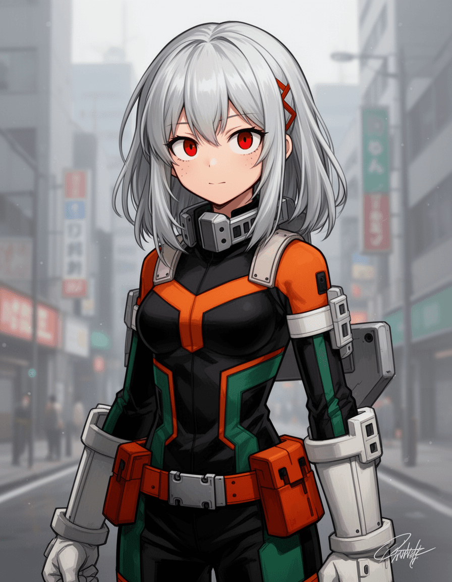 A silver haired My hero academia girl  with red eyes wearing a hero costume black, orange, dark green, colored