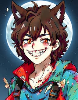 VTuber character portrait of male, a character with a human face, shaggy grey hair, upright grey wolf ears and a thick tail, fully clothed, no beard, orange, a fair complexion, sharp teeth, full moon in background, sharp teeth, clean anime VTuber model art, cel-shaded 2D illustration, crisp lineart, vivid colours, soft rim lighting, head and shoulders, facing forward, plain flat white background