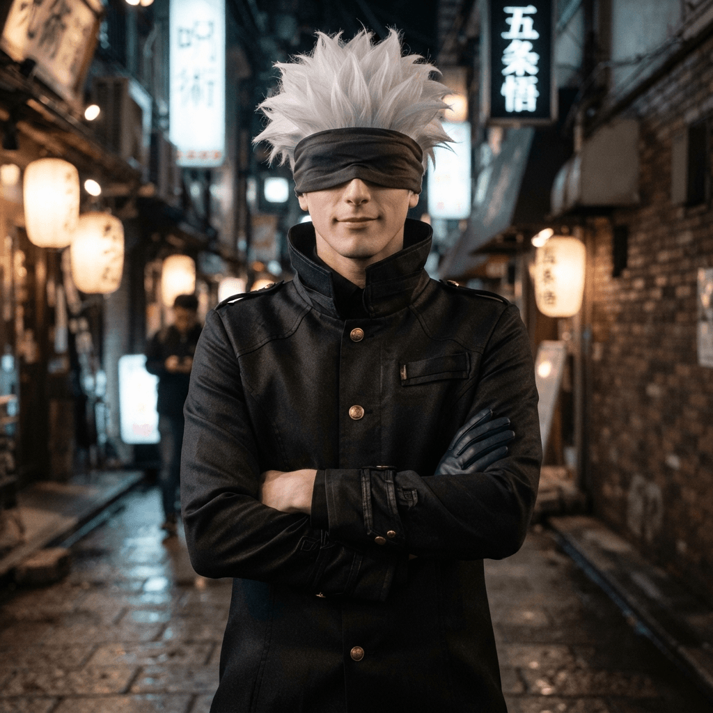 a tall white haired man in a black high collar uniform jacket with a dark blindfold over his eyes, cosplay portrait, waist up, detailed costume