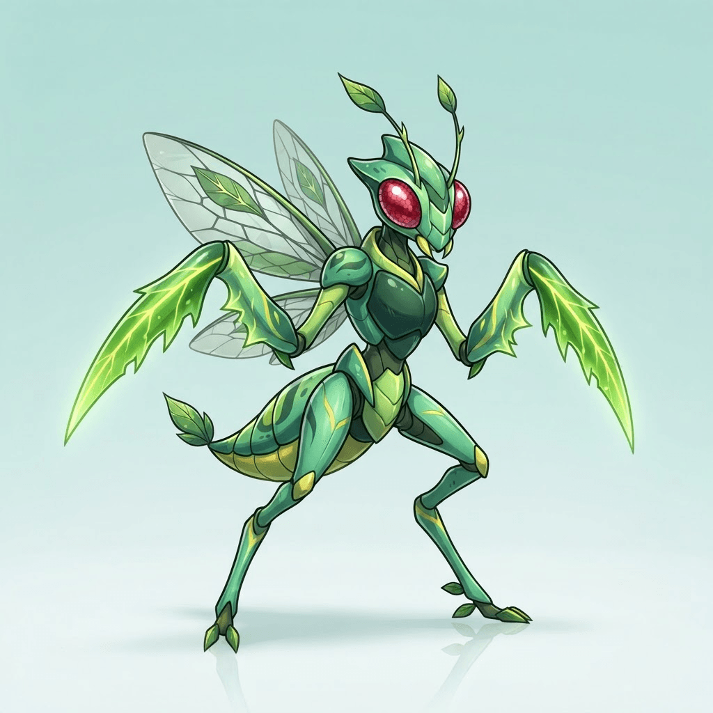 a sleek bug mantis fakemon with sharp leaf-blade arms, pokemon-style original creature design, full body, centered, clean soft gradient studio background, vibrant colors, crisp high detail, digital illustration