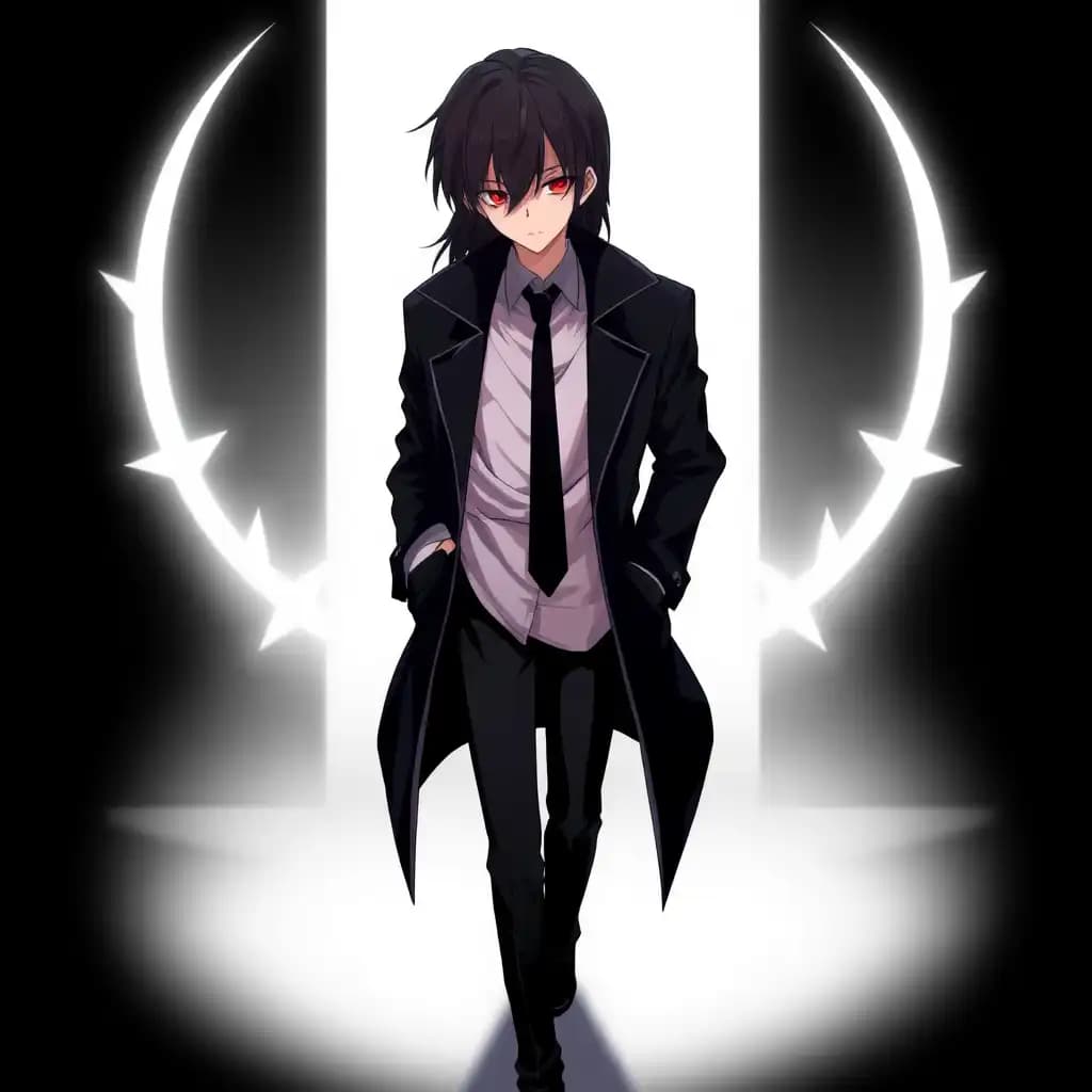 

a guy with medium length black hair that reaches his neck and Crimson Red eyes and is wearing a long-sleeved white shirt, a tie, a black coat, and black pants and black shoes in anime style