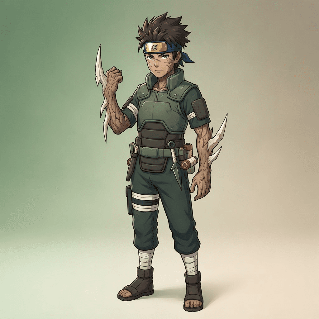 original anime ninja boy with pale bone blades growing from his forearms and bark-textured skin, forest village forehead protector, calm expression, shonen ninja anime style, clean soft gradient studio background, vibrant, crisp high detail, digital illustration