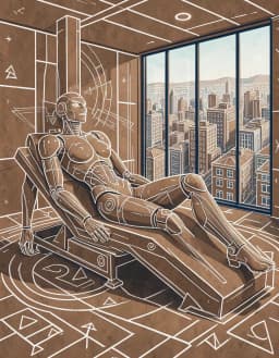 colossal sand sculpture of an anatomized cyborg female reclining on a sleek chaise in a glass corporate laboratory overlooking a bustling city, warli tribal style with white geometric shapes on an earthy brown background, rhythmic circles, triangles and lines depicting the figure and surrounding architecture, minimalist outlines suggesting angular machine forms and motion trails, subtle deep‑blue accents within the brown palette.