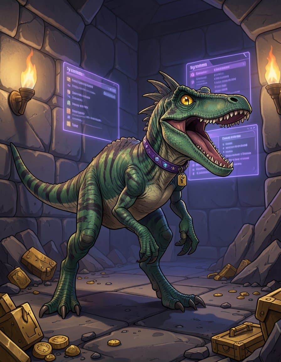 Mongo from Dungeon Crawler Carl, Princess Donut's pet velociraptor: green-and-teal scaly raptor with feathered forearms, sickle claws and a jeweled purple collar, screeching in a torchlit dungeon full of loot, faint purple System glow from floating menu screens. Detailed digital illustration.
